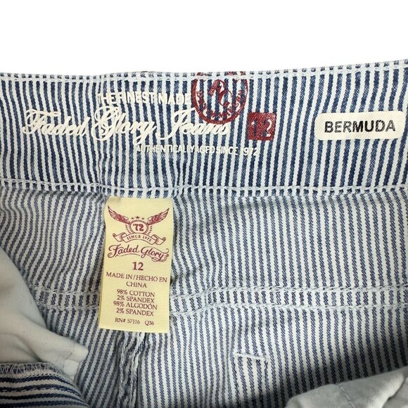 Faded Glory Bermuda Denim Shorts Womens 12 Striped Blue White Cotton Blend - Picture 6 of 12